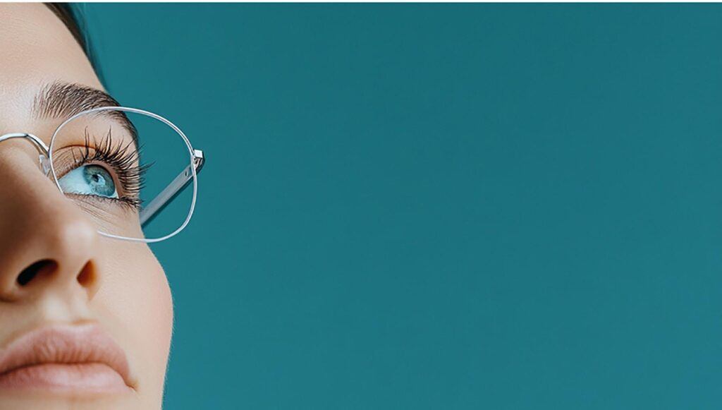 Woman with glasses looking upward